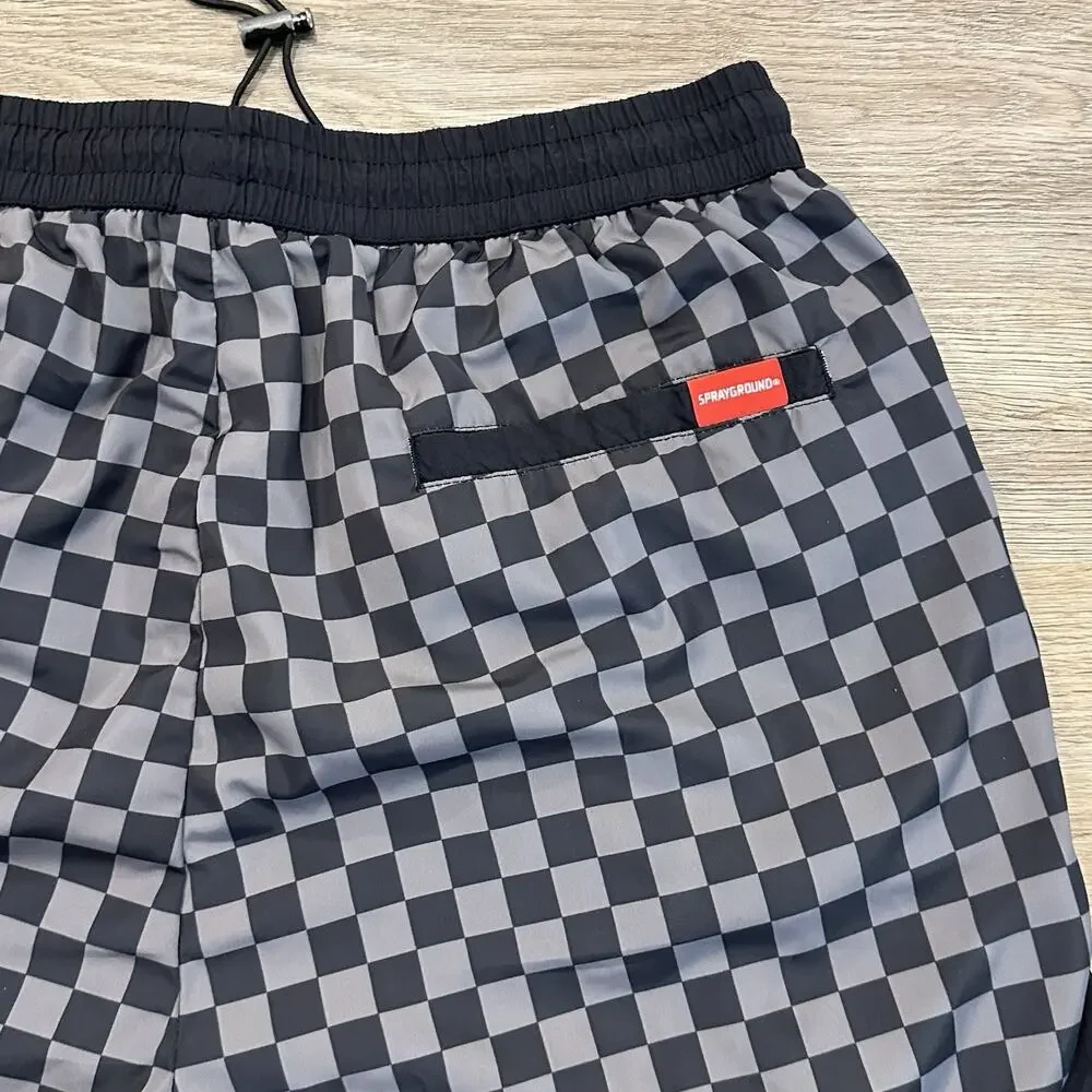 Sprayground Swim Trunks Gray Black Checkered Shark Mouth Graphic Men’s Large